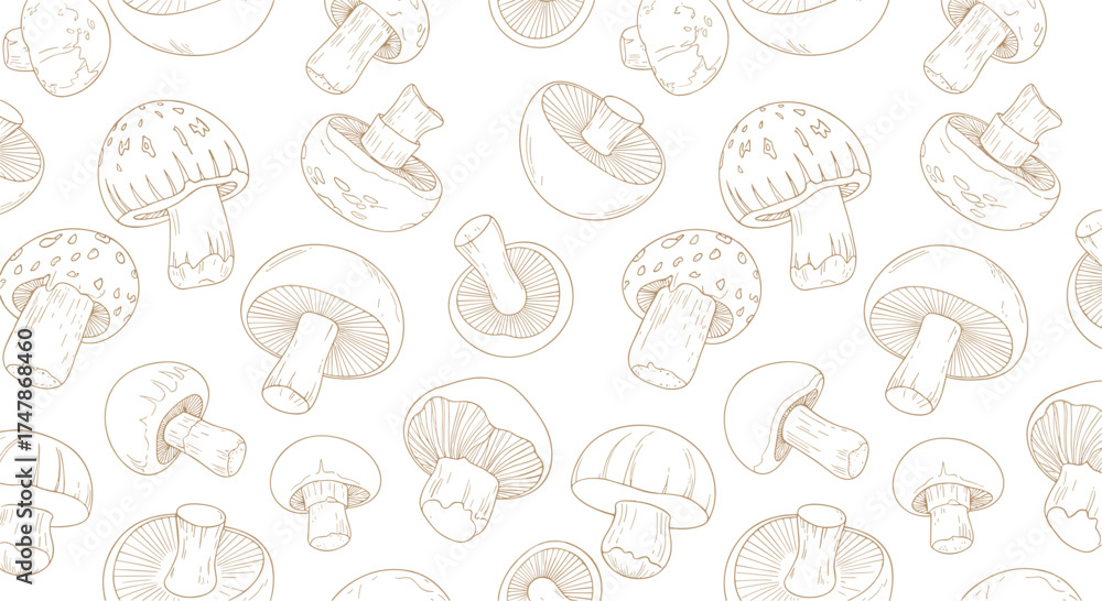 Obraz premium A delicate pattern of hand-drawn mushrooms in a light brown outline scattered across a white background for a natural and organic feel.
