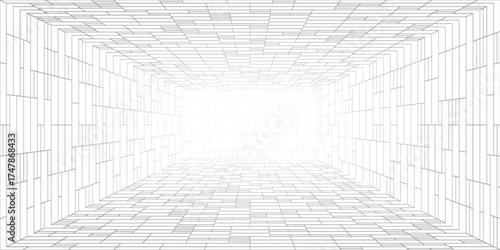 3D perspective grid room. Cube wireframe box pattern. Digital interior with mesh lines and outline for virtual space and design. Simple vector template for geometry sketch.