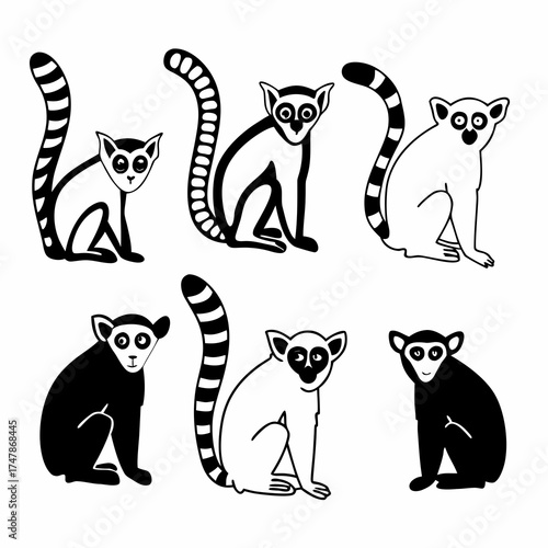 A delightful collection of six ringtailed lemurs in various poses, , showcasing their unique charm