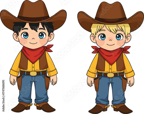 Cartoon children dressed as cowboys with hats, boots, and spurs, educational vector illustration for western theme, costume, and playtime