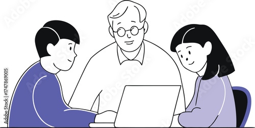 Teacher and students using a laptop vector illustration of education and learning for school projects and online courses