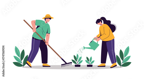 Two people are tending to a garden, one raking soil and the other watering plants.