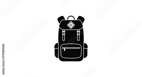 Detailed black backpack icon symbolizing travel adventure outdoor exploration and hiking gear for stock use silhouette