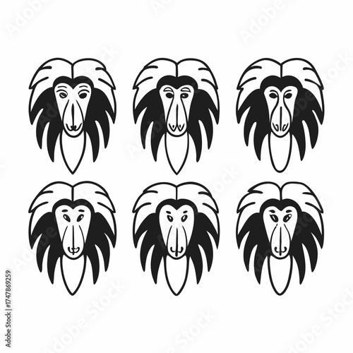 Six afghan hound head illustrations in black and white, showcasing different styles