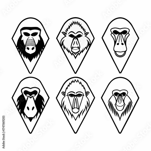 Six stylized monkey faces in a pattern of two rows of three diamond icons