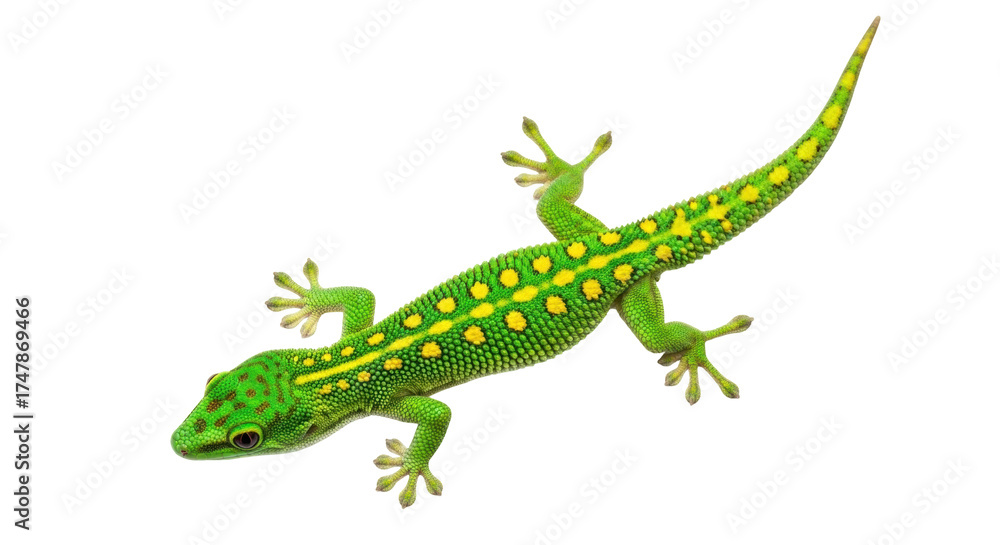 Obraz premium Isolated gecko with yellow spots, beautiful reptile, close-up studio portrait, looking left