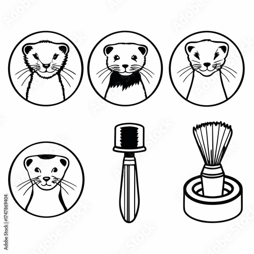 Collection of ferret portraits and grooming items, , creating a unique composition