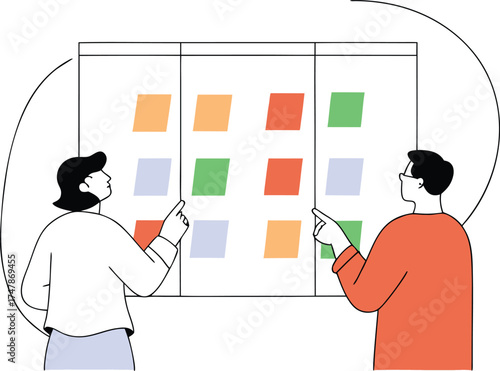Two people pointing at a kanban board a vector illustration of project management for business and workflow visualization