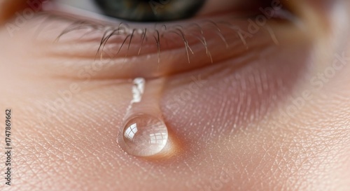 Wallpaper Mural A close-up of an eye with a tear rolling down the skin. The eye reflects light. Fine lines are visible. Skin texture apparent Torontodigital.ca