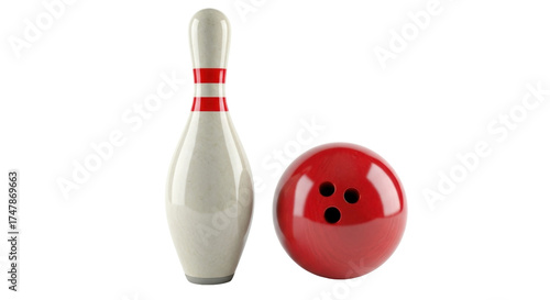 фотографія Isolated red bowling ball with three holes alongside a bowling pin with red stri