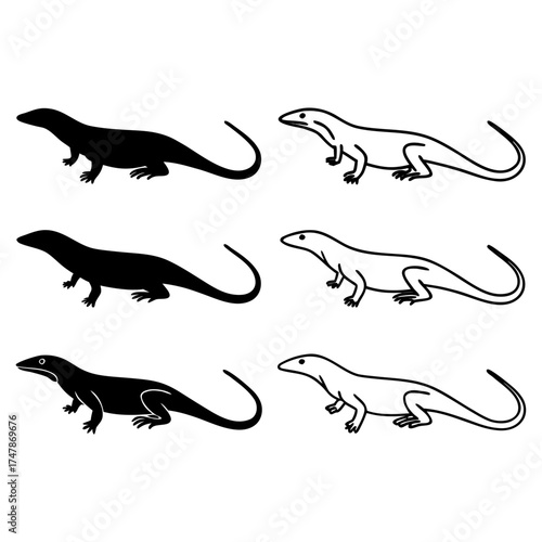 Collection of six monitor lizard icons, showcasing a variety of design styles