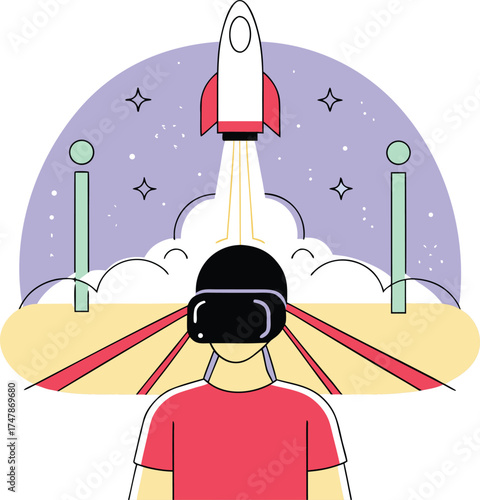 Person wearing VR headset watching a rocket launch vector illustration for technology and innovation concepts isolated on white background