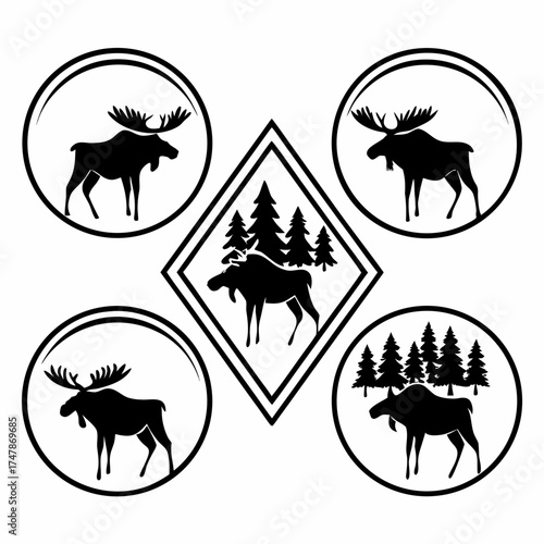 Collection of moose silhouettes in various poses for logo or graphic design
