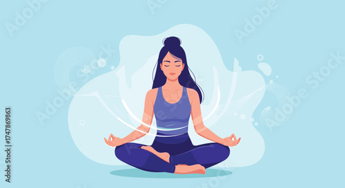 A woman in meditation surrounded by soft blue and white abstract shapes promoting tranquility and inner peace.