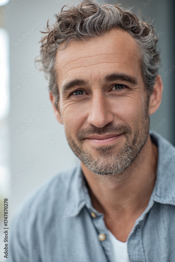 Obraz premium A close-up of a smiling man with tousled salt and pepper hair and light stubble wearing a blue shirt, captured in soft natural light against a blurred background