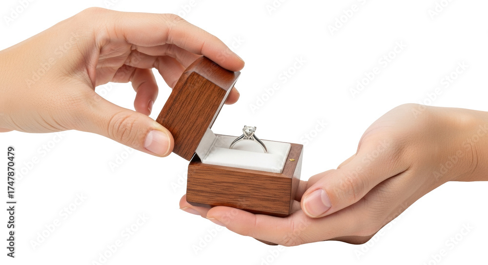 Obraz premium Isolated diamond ring presented in wood box, proposal of marriage, engagement ceremony