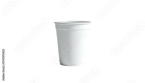 A plain, white plastic cup, isolated against a stark black background