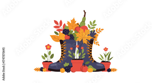 An artistic arrangement of fall foliage and fruits spilling out of a work boot.