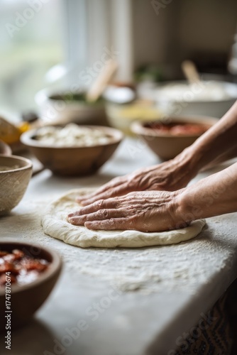 A pizza base is gently shaped by two hands on a floured surface, surrounded by rustic bowls filled with toppings in a cozy kitchen setting near a sunlit window