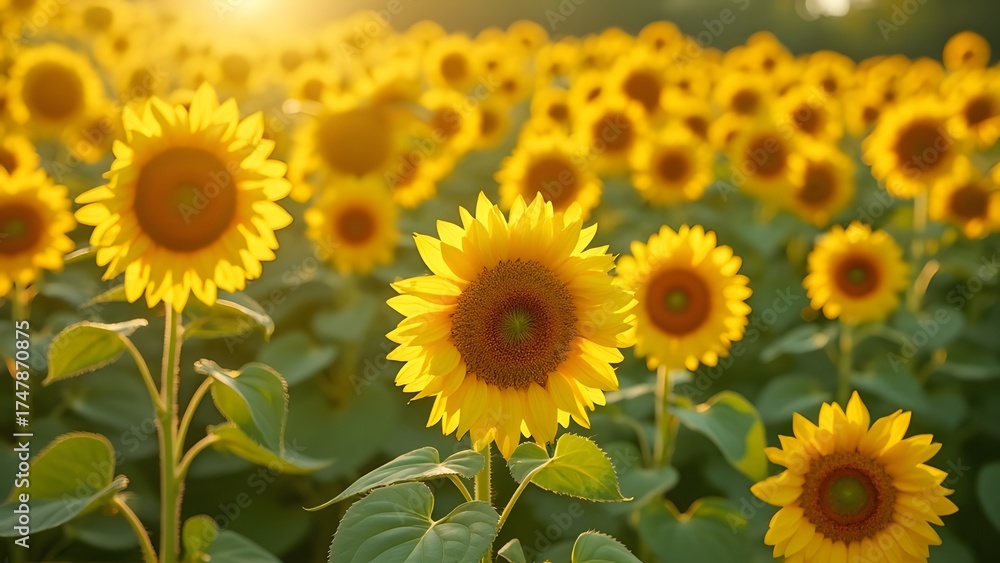 Fototapeta premium Vibrant Sunflower Field at Golden Hour