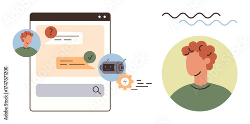 User profile chatting through a browser interface with questions, chatbot, and status icons. Ideal for communication, chatbot, tech, help, customer support messaging problem-solving. Simple flat