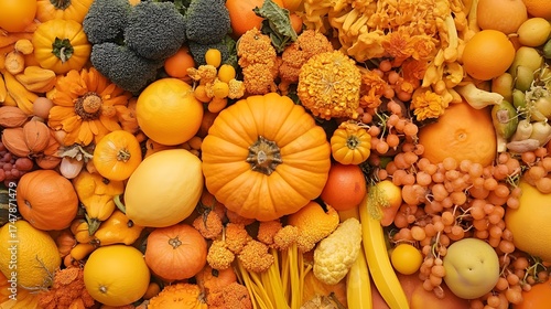 Vibrant Autumn Harvest, Orange Fruits Vegetables Background