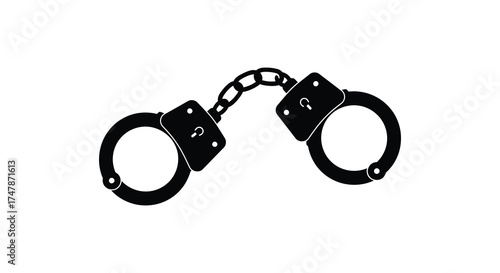 Symbolic black metal handcuffs open and linked together representing freedom and justice or arrest and incarceration silhouette
