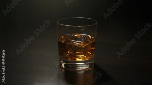 Glass of whiskey with ice on dark surface  