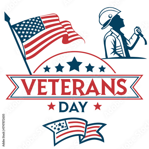 Veterans Day illustration with American flags and firefighter silhouette Keywords: veterans day, american