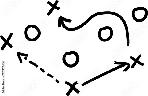 Sport Playbook doodle with ink-style flow markers. Informal guide for training sports or quick strategy attack sessions.