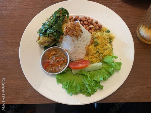 Balinese dish served on white plate featuring Bebek Betutu roast duck, accompanied by amound of rice topped with fried shallots. includes sauteed greens contain grated coconut, roasted peanuts, salad.