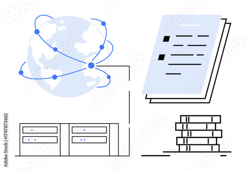 Earth globe with network connections, cloud servers, document files, and stacked books. Ideal for data sharing, cloud storage, technology, networking, global access education digital communication