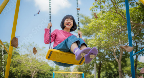 A radiant young woman finds pure joy and freedom, swinging high under the bright summer sun in a vibrant park, relishing a moment of carefree happiness and youthful exhilaration