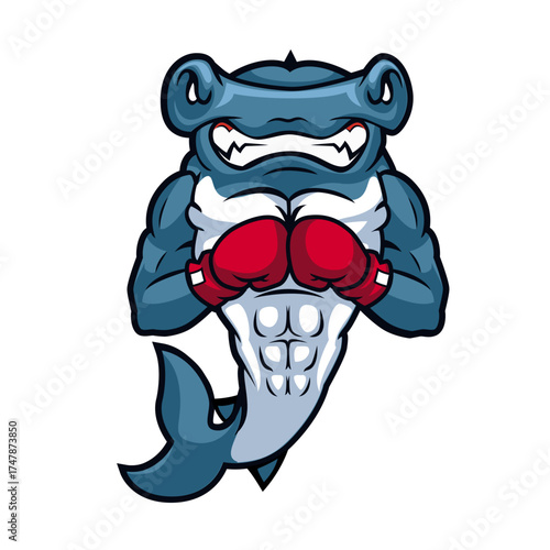 Powerful hammerhead shark sports mascot with boxing gloves, an aggressive sea predator character design