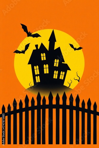Spooky haunted house silhouette with bats and full moon on halloween