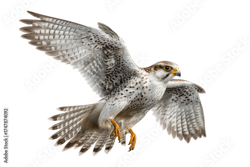 A magnificent white gyrfalcon with speckled brown feathers gracefully soars against a stark transparent background, showcasing its powerful wings. background removed