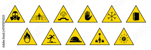 Safety warning sign symbol icons. Man falling down silhouette, fire, warning sign, blasts, low temperature and more sign concept. Vector illustration.