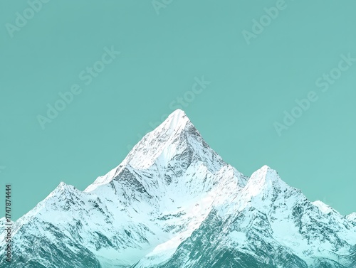 Majestic Snowcapped Mountain Peak Against Teal Sky