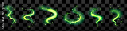 Magic green swirl light effect. Green wind shine magic wave. Whirlwind neon flow splash. Mesh vector illustration
