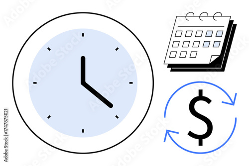 Clock, calendar, and dollar with arrows suggesting recurring payments, time tracking, financial planning, scheduling, deadline management, cost efficiency and budgeting. Ideal for simple flat