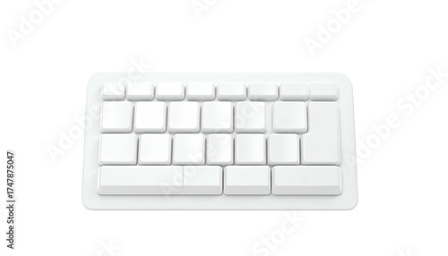 A small, rectangular, white keyboard with a minimalist design against a black background