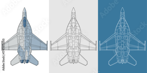 Set f 18 military aircraft design in blueprint, lineart and colored style from top view. Vector illustrations colorful fighter jet. United states fourth generation warplane.
