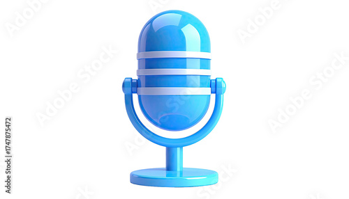 A 3D rendered blue microphone against a black background, glossy and stylized