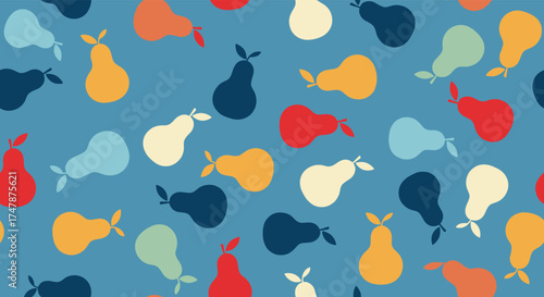 A colorful assortment of abstract pear shapes scattered across a blue background.