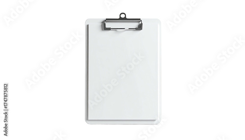A clean, white clipboard with a silver clip, isolated on a black background