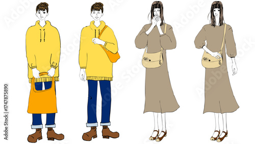 線画 正面を向いている女性セット2 Flat Line Drawing People Series:Front-facing woman set2