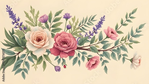 Elegant Floral Arrangement Watercolor Roses Lavender Botanical Illustration