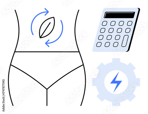 Minimal design of waistline, revolving leaf, calculator, and gear with lightning bolt. Ideal for wellness, health tracking, diet management, fitness, energy balance nutrition simple flat metaphor