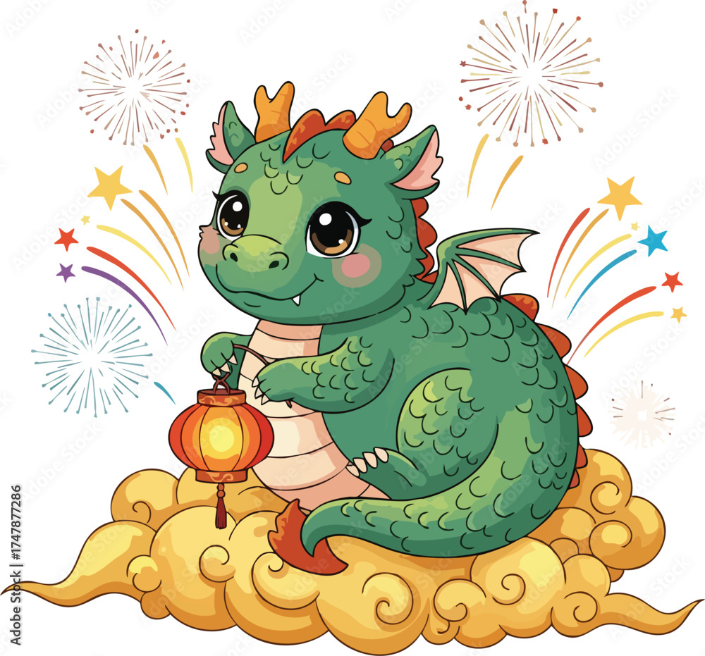 Fototapeta premium Cute Green Dragon with Lantern on Clouds Amidst Fireworks.
