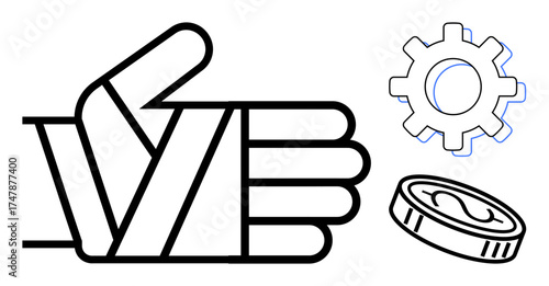 Hand in thumbs-up pose with gear and coin reflects agreement, efficiency, and financial growth. Ideal for teamwork, business, productivity, approval, economy, collaboration and decision-making